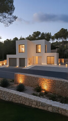 Fototapeta premium Modern architectural design of a residential house at dusk in a serene landscape setting
