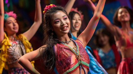 A Broadway musical featuring an all-Asian cast captivates the audience as the performers smile and dance energetically on stage