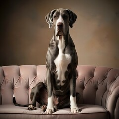 A highly polished and sharp professional photograph of a majestic Merle Great Dane, seated comfortably on a plush, velvety couch.