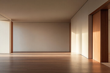 Obraz premium Bright minimalistic interior of a modern room with wooden floors and natural light in the evening
