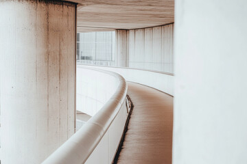 Curved walkway beside concrete pillars in a modern architectural setting on a sunny day