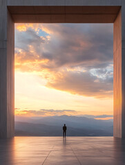 Sunset view from an architectural structure against a mountainous landscape during twilight