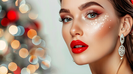 Holiday Glamour: Portrait of a beautiful woman with red lipstick and jewelry, suitable for holiday celebrations like Christmas and New Year's Eve. © mahamad