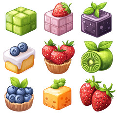 Colorful Dessert Icons Strawberry Blueberry Kiwi and Lime (Transparent Background)