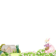 A rabbit in a dress picks flowers in a basket in a garden near the house., hand-drawn watercolor frame design