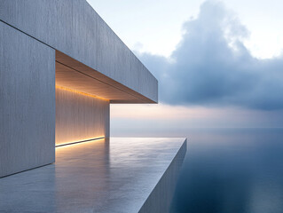 Obraz premium Contemporary architecture in a serene coastal setting at sunrise with unobstructed views