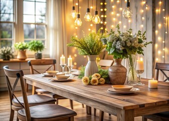 Fototapeta premium Elegant Dining Room with Rustic Farmhouse Table in Bokeh Effect – Cozy Interior Design, Warm Lighting, Vintage Style, and Charming Decor