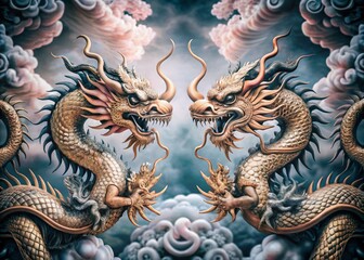 Elegant Double Exposure Golden Dragons in Chinese and Japanese Styles for Festivals and New Year Celebrations on Pastel Gold Background