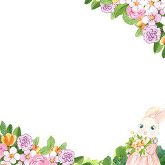 Obraz premium A young bunny girl in a dress stands admiring a bouquet of flowers in her hand., hand-drawn watercolor frame design