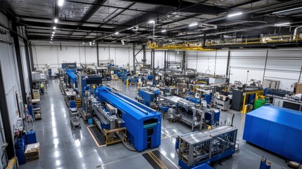 A wide overhead view of an industrial production line with large machines and equipment.
