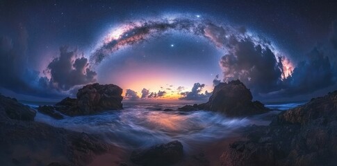 Naklejka premium Dramatic Sky with Billowing Clouds and Milky Way, Illuminated Starry Sky in Colorful Night View, Captured in Long Exposure Landscape Photography