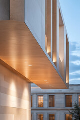 Obraz premium Modern architectural design showcasing cantilevered structure in urban setting at dusk