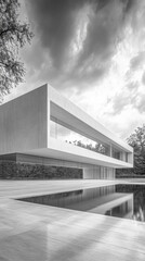 Obraz premium Minimalist building by a reflective pool, set in serene natural surroundings