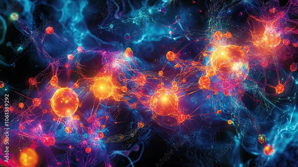 Poster interconnected glowing spheres with abstract network of lines