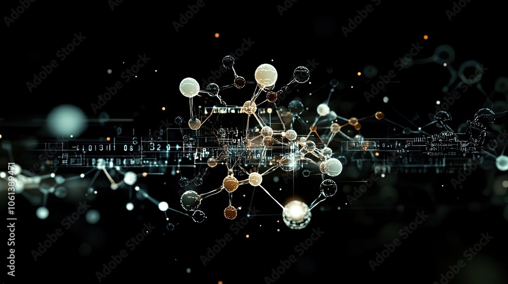 Aufkleber abstract 3d molecular structure with glowing lines and spheres on a dark background