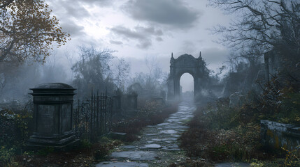 A foggy cemetery path leading to a decaying crypt under a cloudy sky.