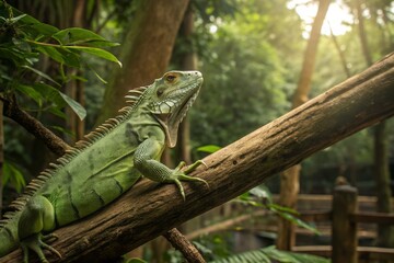 Soft Natural Light Illuminates a Bright Green Iguana with Intricate Patterns on Its Scales and Skin
