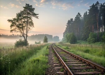 Fototapeta premium Soft Pastel Hues of a Serene Misty Morning Surround a Calm Landscape with Gentle Nature Elements