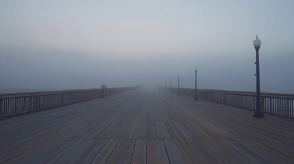 Wooden Pier Extending Into Foggy Seascape