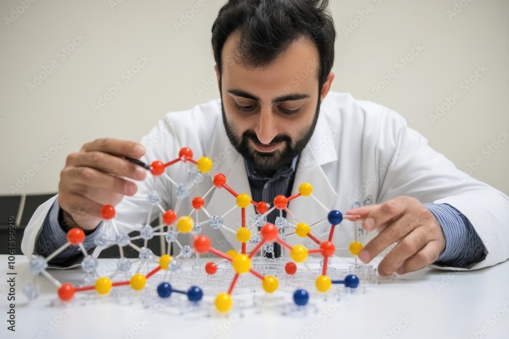 Poster man analyzing scientific model in lab setting