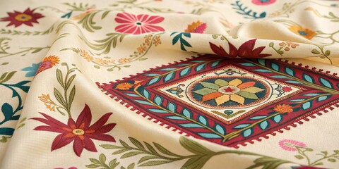 Vibrant and Colorful Intricately Patterned Textile Design Showcasing Beautiful Hurkaru Artistry