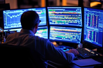 A focused professional analyzes market data on multiple screens. The vibrant graphs show trends and fluctuations in real time. Data-driven decisions matter. Generative AI