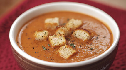 Creamy tomato soup with croutons in rustic bowl, perfect for comfort