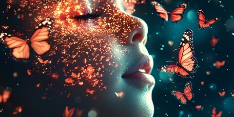 A child's face, covered in holographic butterflies that flutter around their head. technology theme
