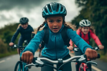 Naklejka premium A group of children cycling with joy and enthusiasm against a scenic backdrop. They wear helmets and biking gear. The atmosphere is energetic and adventurous. Generative AI