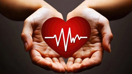 Obraz premium Hands holding heart symbol with heartbeat line, concept of love and health.