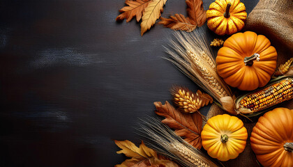 Fototapeta premium Rustic Thanksgiving background with roasted turkey, Pumpkins, Corn and leaves on the table