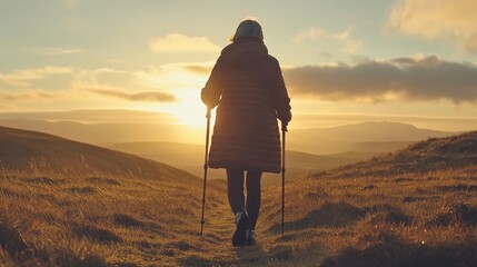 Hiker walking on a scenic trail during sunset, silhouette against landscape.