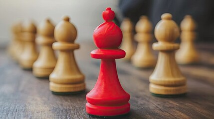 Red chess pawn standing out among wooden pawns, showcasing strategy and focus.