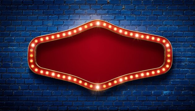 Red vintage signboard with glowing light bulb frame on dark blue brick wall, perfect for casino, theater, or circus announcements