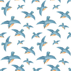 A blue bird with a yellow belly flies around., hand-drawn watercolor seamless pattern