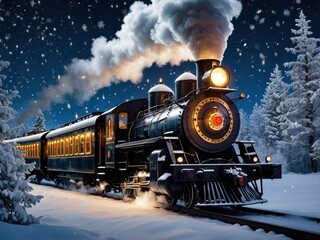 The Polar Express train, adorned with festive decorations, glides through a snowy landscape, capturing the magic of Christmas and the spirit of adventure