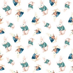 A knowledgeable rabbit in a suit sits reading a book. Another one stands and points., hand-drawn watercolor seamless pattern