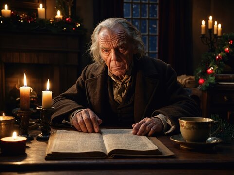 Ebenezer Scrooge sitting at his desk in his office, surrounded by shadows, embodying the cold, miserly character from Charles Dickens' A Christmas Carol