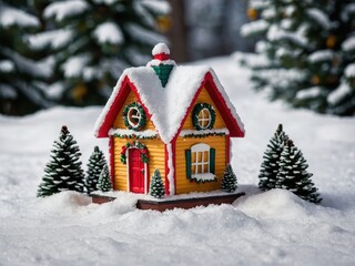 Naklejka premium A delightful small decorative Christmas house featuring intricate designs, bright colors, and a snowy rooftop, creating a whimsical touch for holiday displays