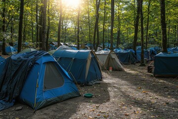 A serene camping scene with blue tents nestled among trees, illuminated by sunlight filtering through the forest.