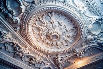 Elegant Silhouette of White Vintage Relief on Ceiling in Soft Light, Architectural Details, Classic Design, Art and Culture, Interior Photography, Textures, Shadows, Artistic Composition