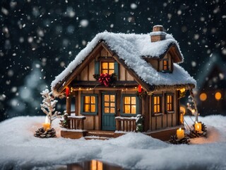 Naklejka premium A charming small decorative Christmas house, intricately detailed with colorful accents, snow-covered roof, and twinkling lights, perfect for holiday decor