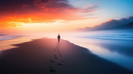 Fototapeta premium Solitary Stroll on the Beach at Sunset