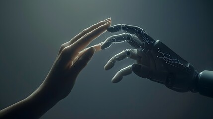 a human hand reaching out to touch a robotic hand against a dark, gradient background