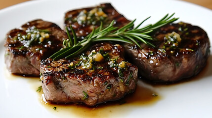 Grilled steak with rosemary and garlic butter, delicious dish