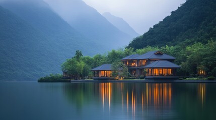 Mountain Retreat: Tranquil Villas Amidst Majestic Peaks and Verdant Trees on the Lake