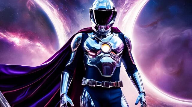 A futuristic astronaut in a sleek, metallic spacesuit and reflective helmet stands confidently with a flowing, deep-purple cape against a cosmic background of galaxies and stars