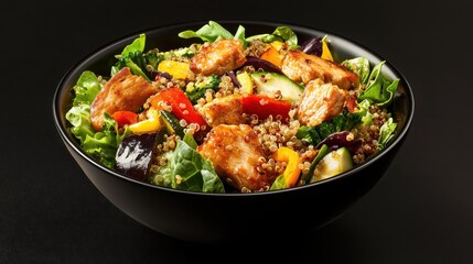 Bowl of quinoa salad with roasted vegetables, leafy greens, and a sprinkle of seeds, arranged with vibrant colors and textures that highlight the essence of healthy eating