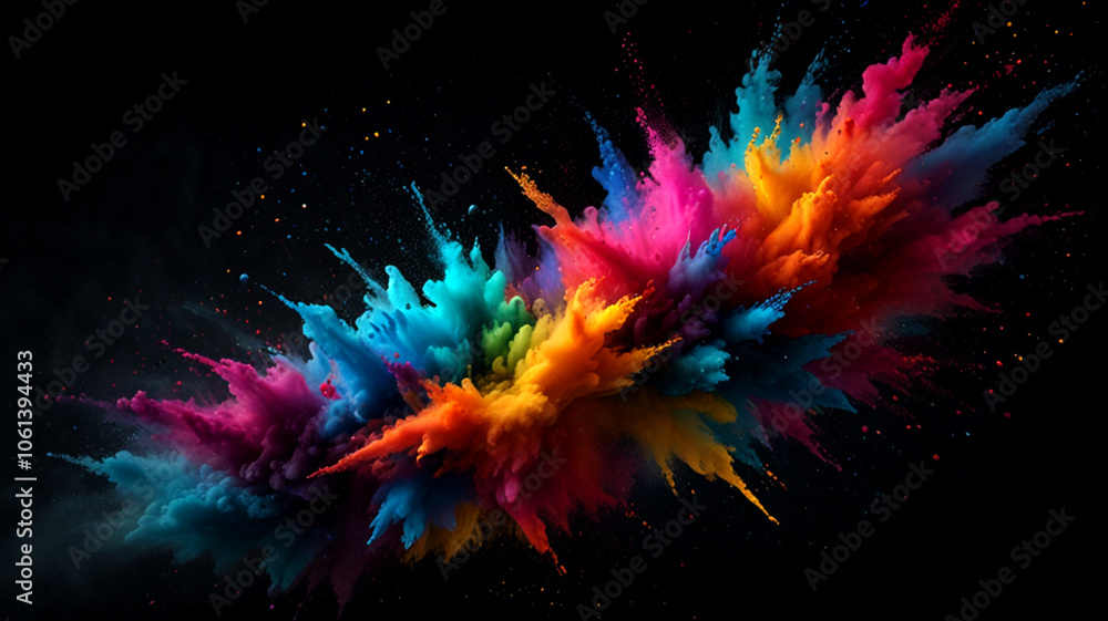 Poster abstract vivid colorful powder explosion art with rainbow of colors exploding with excitement. casca
