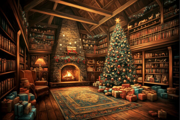A cozy room with a fireplace and a Christmas tree. The room is filled with bookshelves and a chair